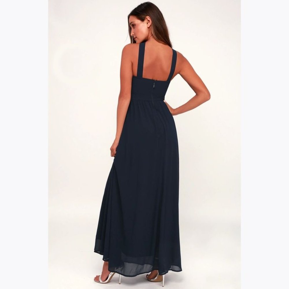 LULU'S Air of Romance Navy Blue Georgette Maxi Dress sz M Women's Wedding Guest - Picture 2 of 10